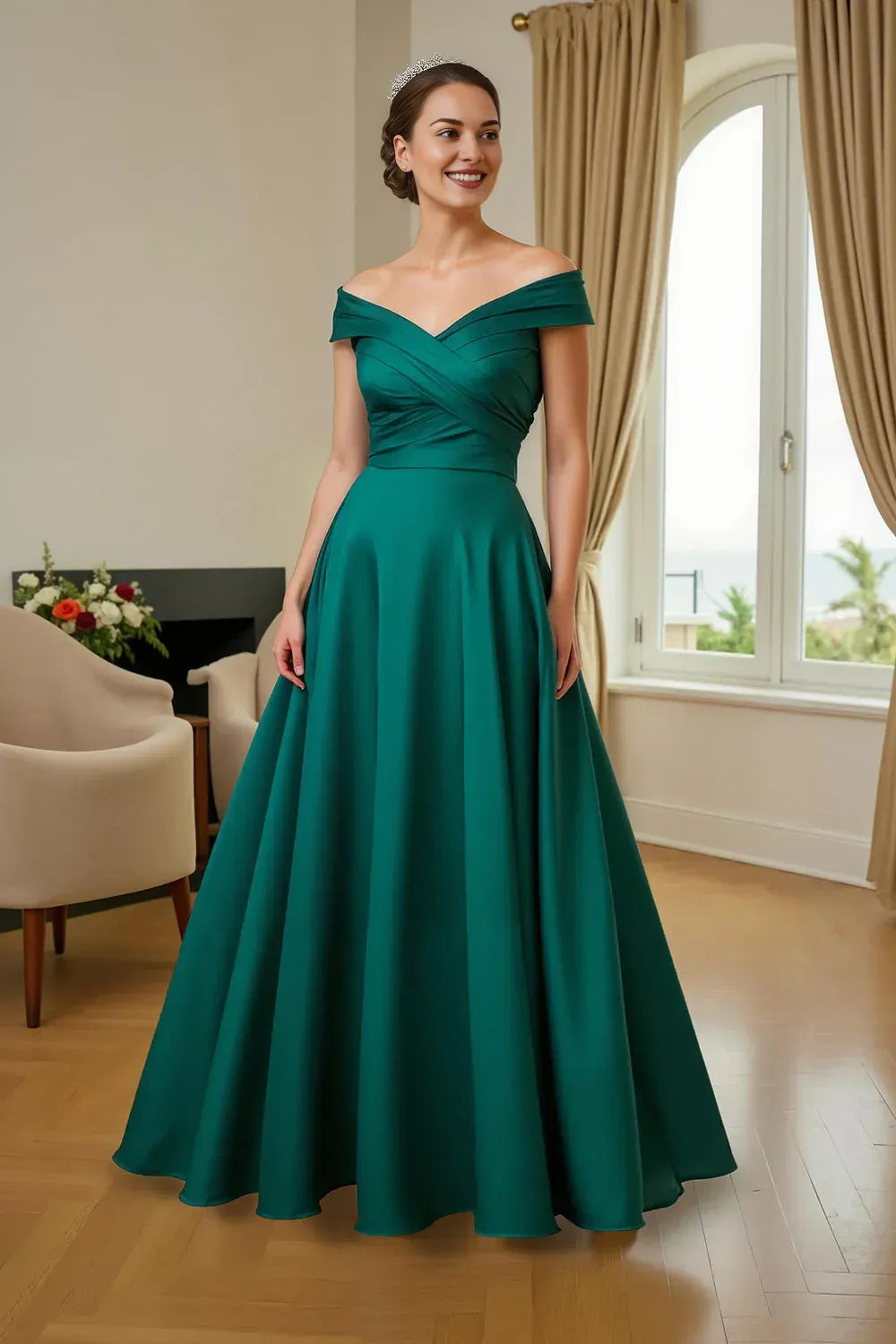 Elegant Emerald Green Satin A-Line V-Neck Sleeveless Floor-Length Mother of the Bride Dress