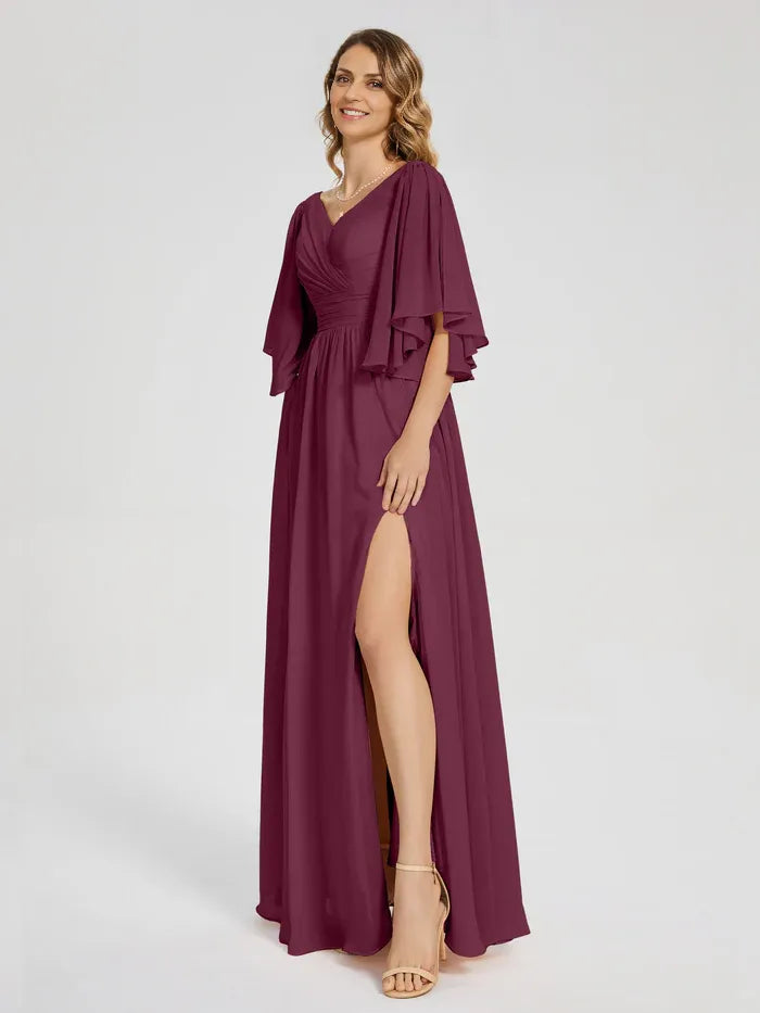 Timeless Elegant Purple Chiffon A-Line V-Neck Floor-Length Mother of the Bride Dress