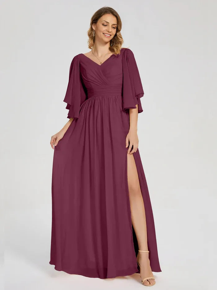 Timeless Elegant Purple Chiffon A-Line V-Neck Floor-Length Mother of the Bride Dress