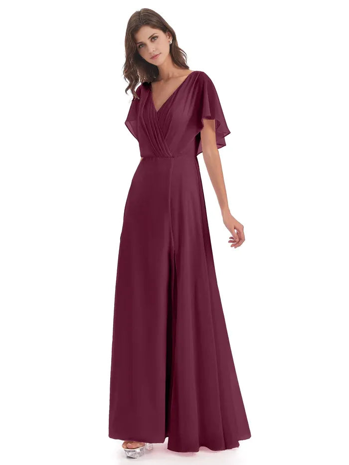 Elegant Burgundy Chiffon A-Line V-Neck Short Sleeve Floor-Length Mother of the Bride Dress