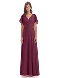 Elegant Burgundy Chiffon A-Line V-Neck Short Sleeve Floor-Length Mother of the Bride Dress