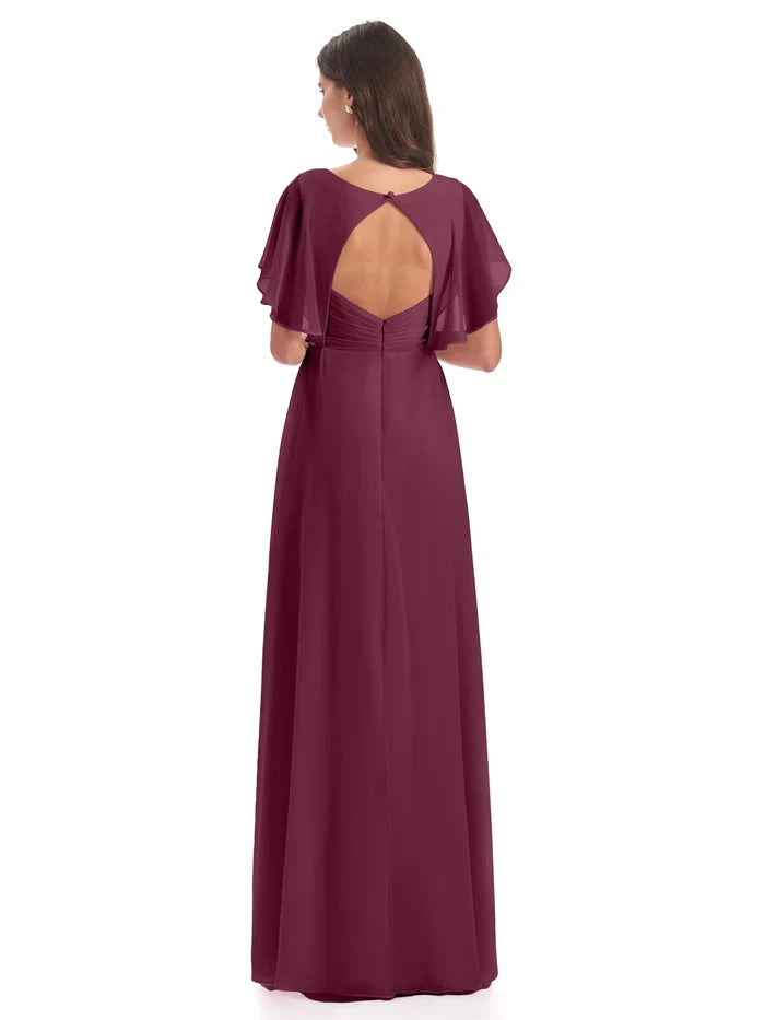 Elegant Burgundy Chiffon A-Line V-Neck Short Sleeve Floor-Length Mother of the Bride Dress