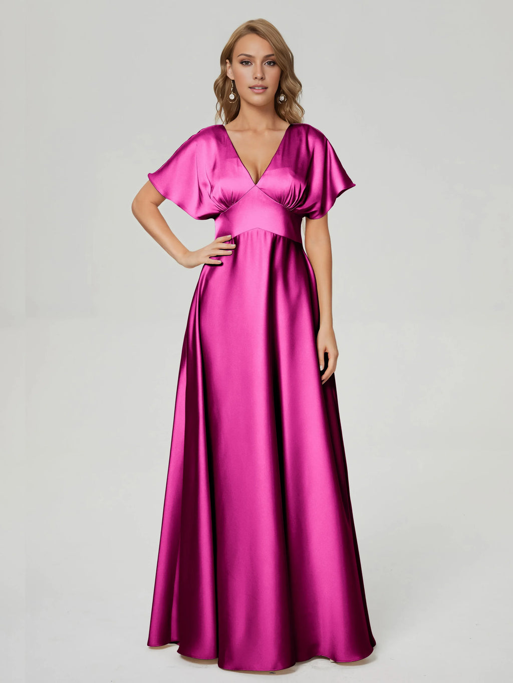 Beautiful Elegant Hot Pink Satin A-Line V-Neck Short Sleeve Floor-Length Prom Dress
