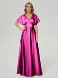 Beautiful Elegant Hot Pink Satin A-Line V-Neck Short Sleeve Floor-Length Prom Dress