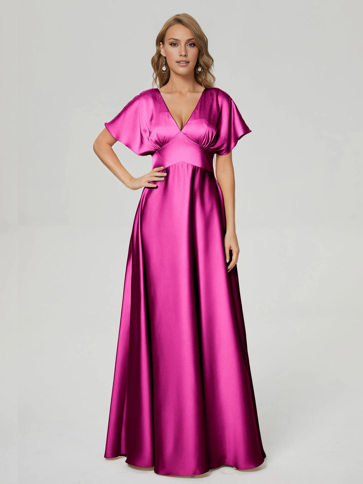 Beautiful Elegant Hot Pink Satin A-Line V-Neck Short Sleeve Floor-Length Prom Dress