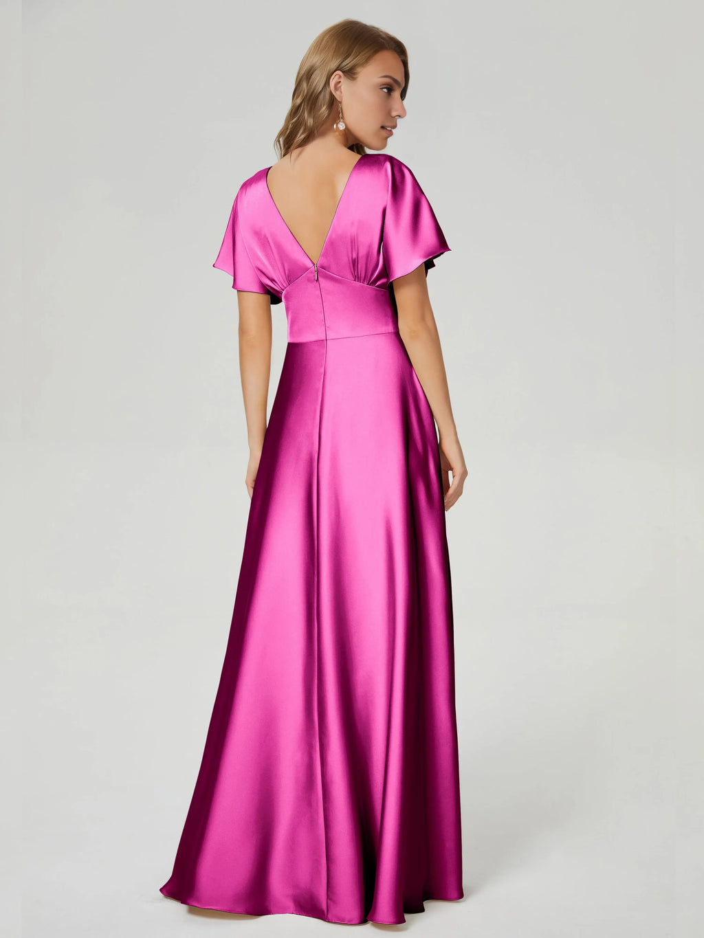 Beautiful Elegant Hot Pink Satin A-Line V-Neck Short Sleeve Floor-Length Prom Dress
