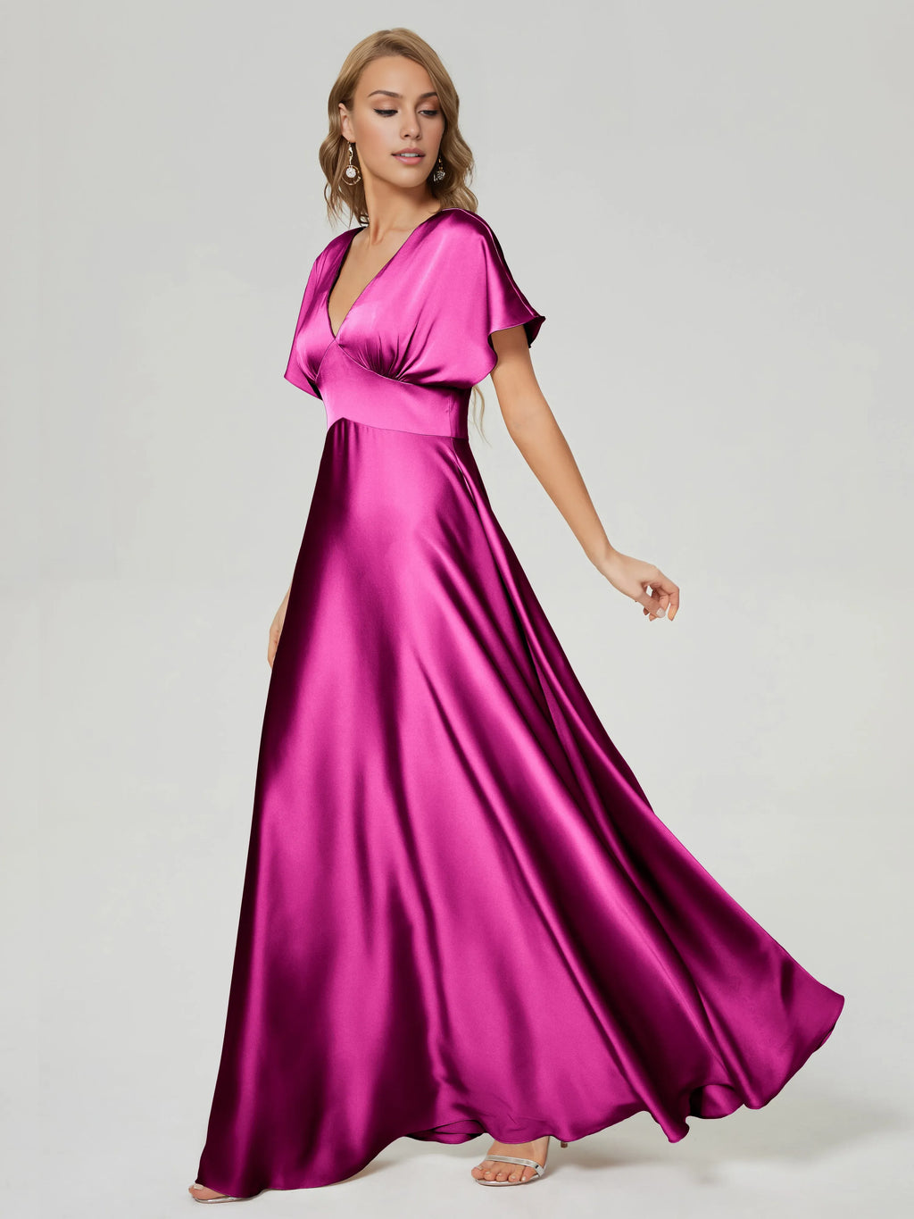 Beautiful Elegant Hot Pink Satin A-Line V-Neck Short Sleeve Floor-Length Prom Dress