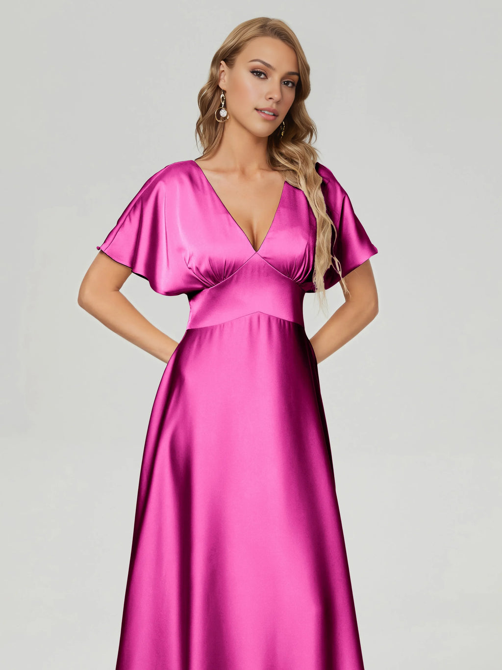 Beautiful Elegant Hot Pink Satin A-Line V-Neck Short Sleeve Floor-Length Prom Dress