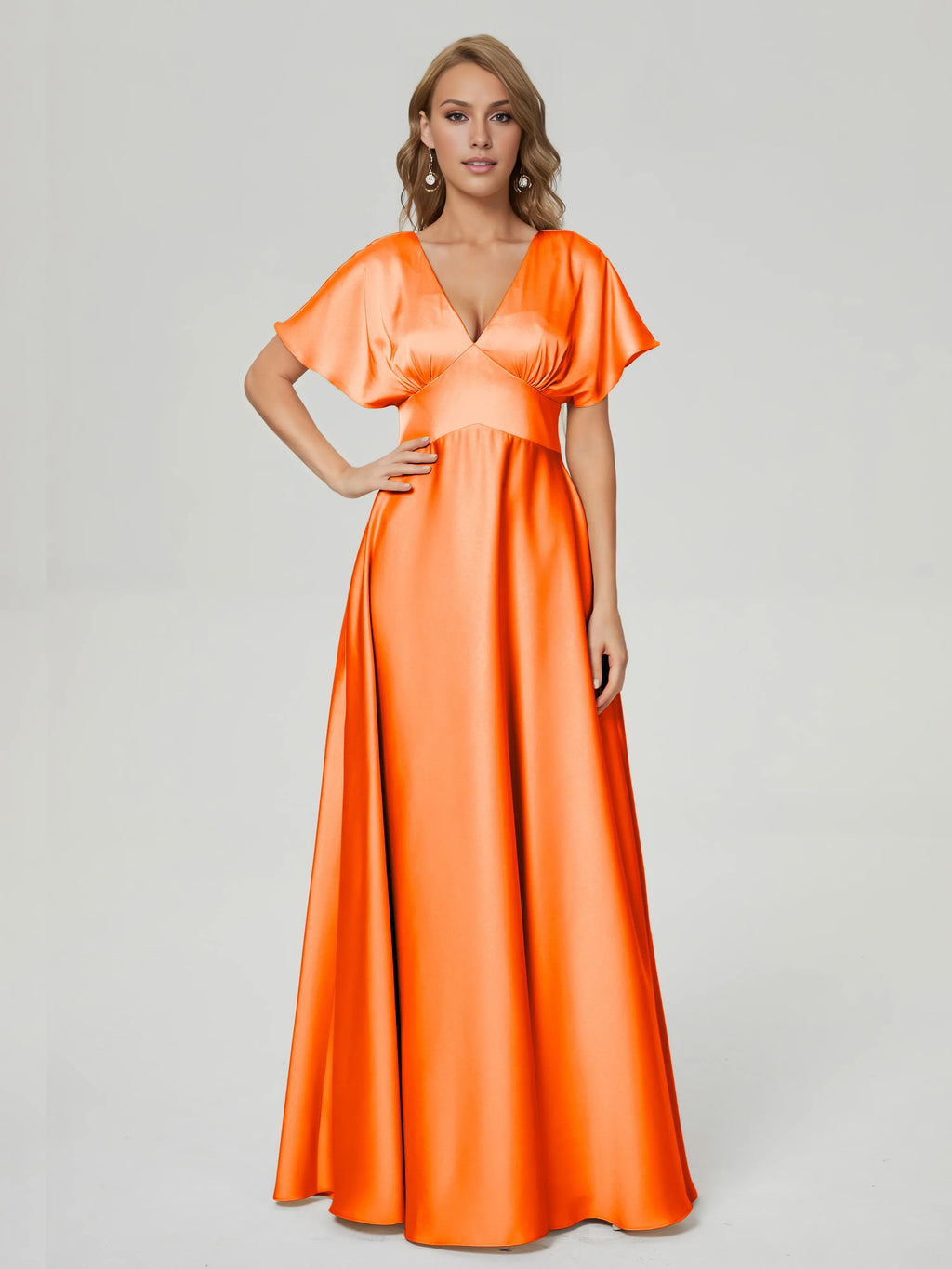 Beautiful Elegant Hot Pink Satin A-Line V-Neck Short Sleeve Floor-Length Prom Dress