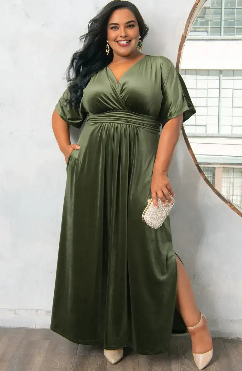 Elegant Olive Green Velvet A-Line V-Neck Short Sleeve Floor-Length Mother of the Bride Dress