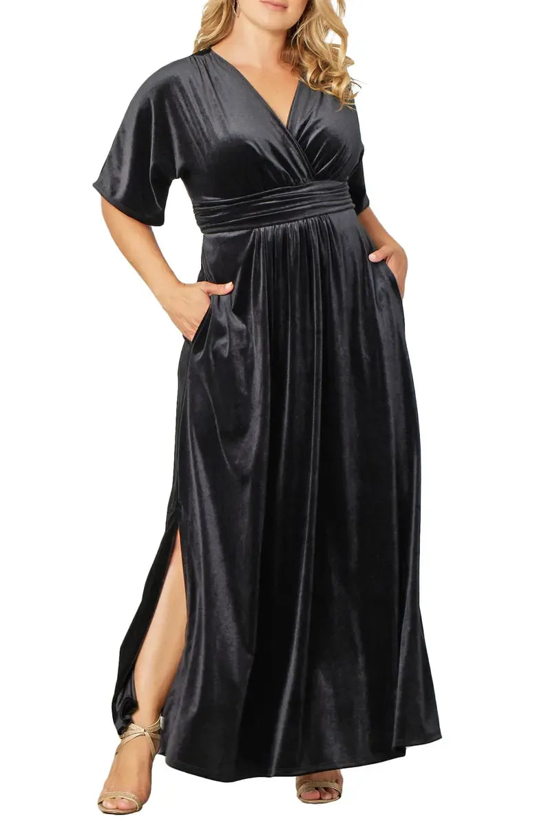 Elegant Olive Green Velvet A-Line V-Neck Short Sleeve Floor-Length Mother of the Bride Dress