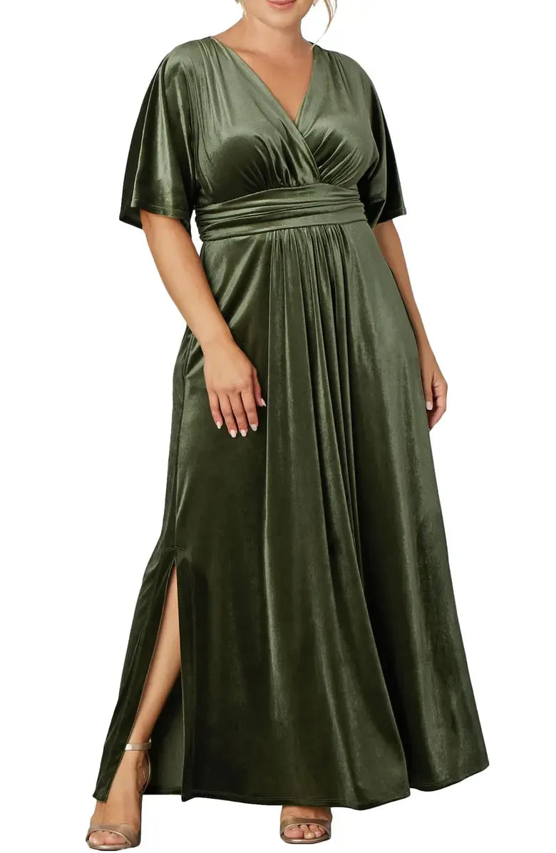 Elegant Olive Green Velvet A-Line V-Neck Short Sleeve Floor-Length Mother of the Bride Dress