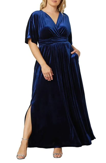 Elegant Olive Green Velvet A-Line V-Neck Short Sleeve Floor-Length Mother of the Bride Dress