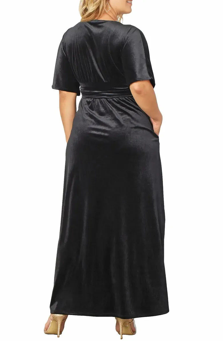 Elegant Olive Green Velvet A-Line V-Neck Short Sleeve Floor-Length Mother of the Bride Dress