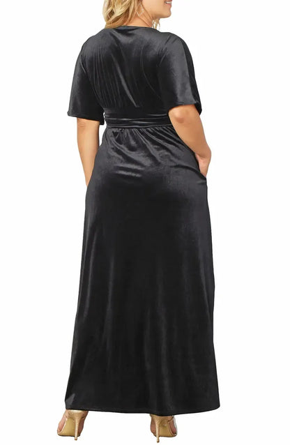 Elegant Olive Green Velvet A-Line V-Neck Short Sleeve Floor-Length Mother of the Bride Dress