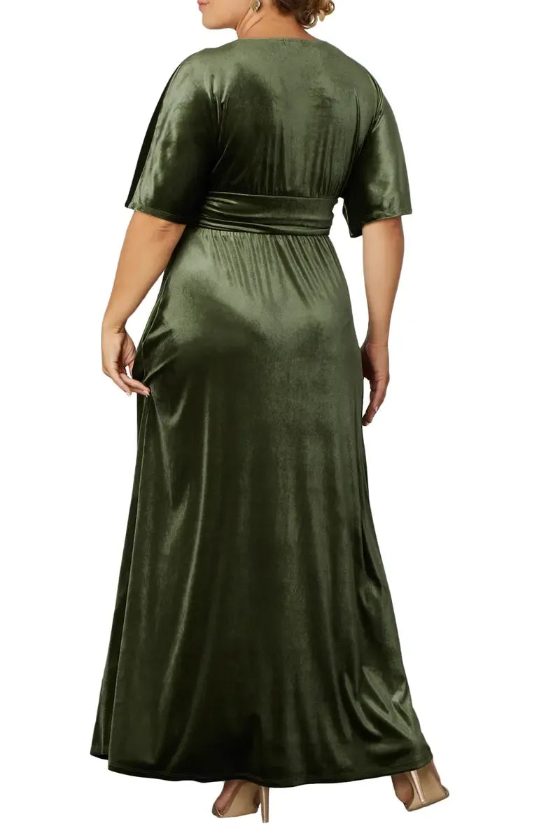 Elegant Olive Green Velvet A-Line V-Neck Short Sleeve Floor-Length Mother of the Bride Dress