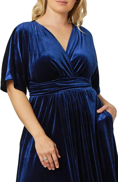 Elegant Olive Green Velvet A-Line V-Neck Short Sleeve Floor-Length Mother of the Bride Dress