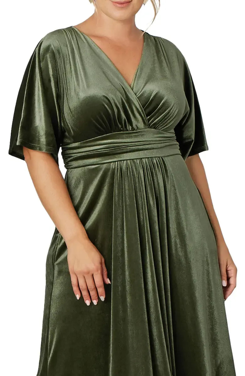Elegant Olive Green Velvet A-Line V-Neck Short Sleeve Floor-Length Mother of the Bride Dress