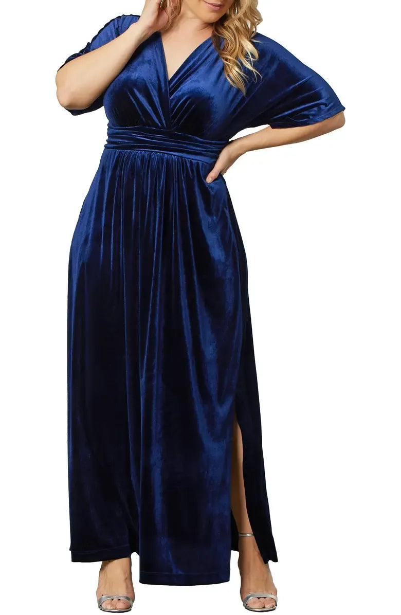 Elegant Olive Green Velvet A-Line V-Neck Short Sleeve Floor-Length Mother of the Bride Dress