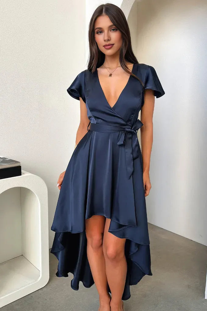 Sophisticated Graceful Stylish Refined Elegant Navy Blue Satin A-Line Ruffle Prom Dress