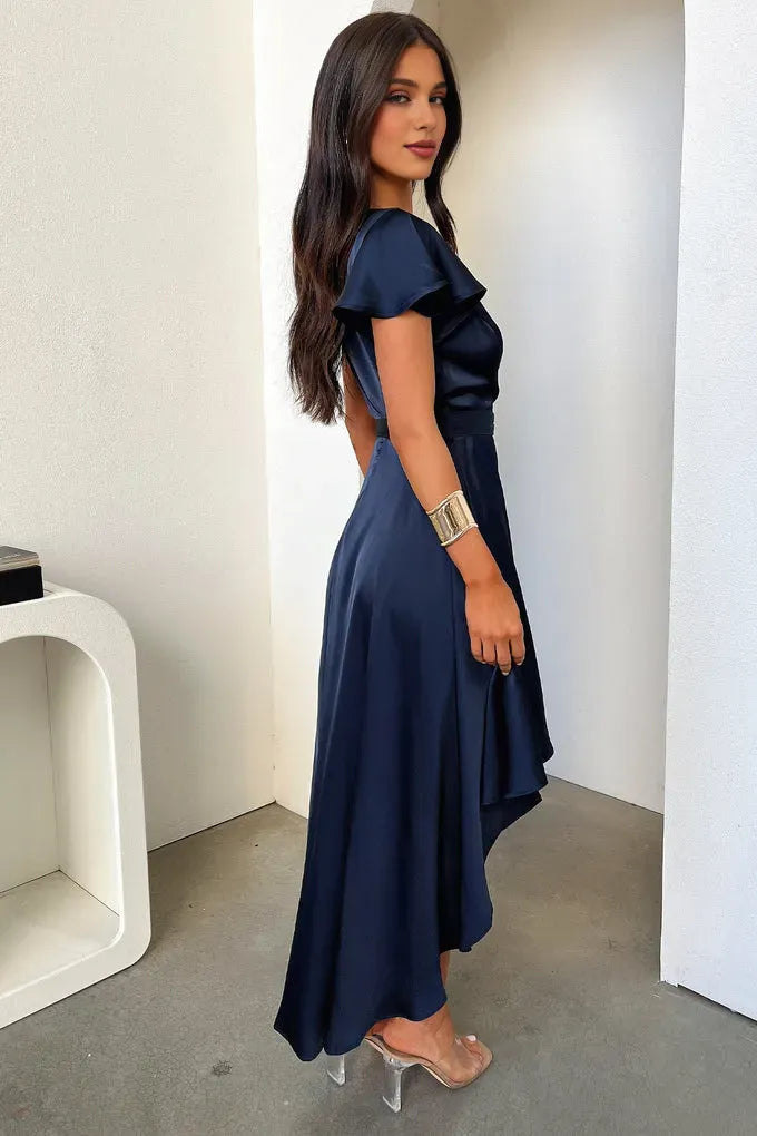 Sophisticated Graceful Stylish Refined Elegant Navy Blue Satin A-Line Ruffle Prom Dress