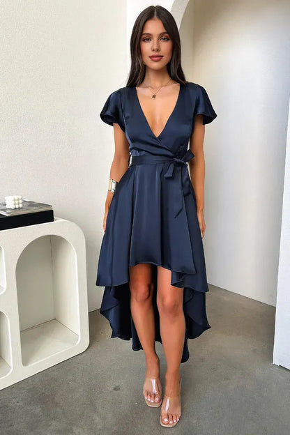 Sophisticated Graceful Stylish Refined Elegant Navy Blue Satin A-Line Ruffle Prom Dress