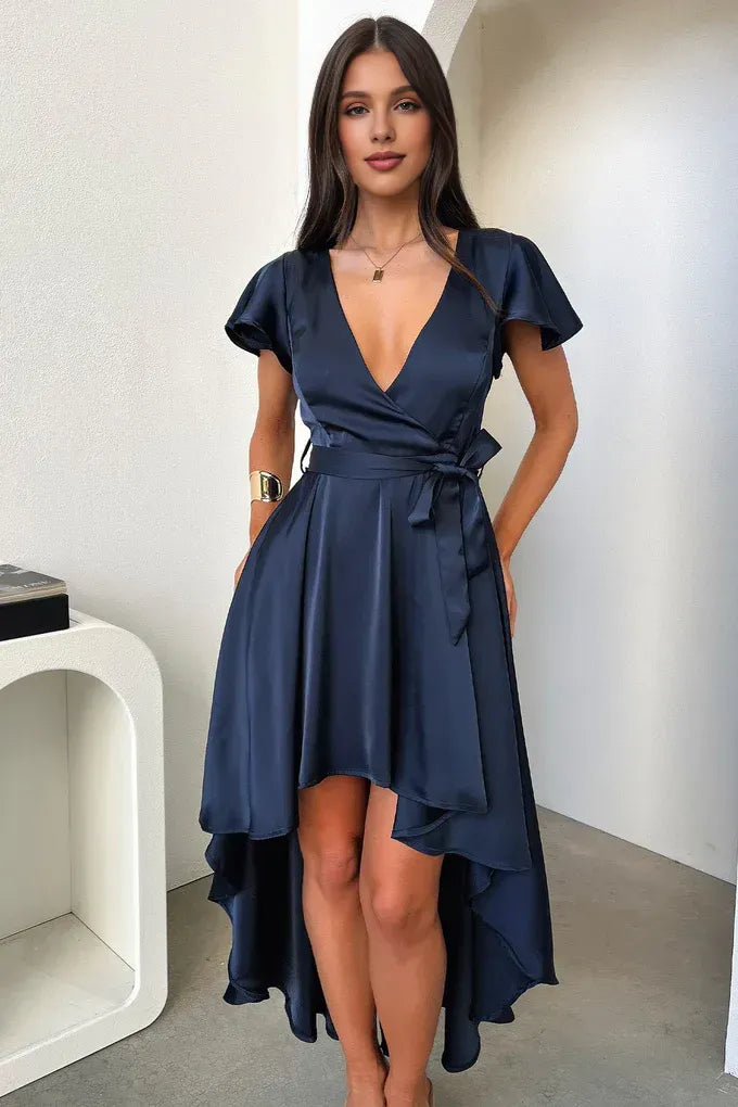 Sophisticated Graceful Stylish Refined Elegant Navy Blue Satin A-Line Ruffle Prom Dress