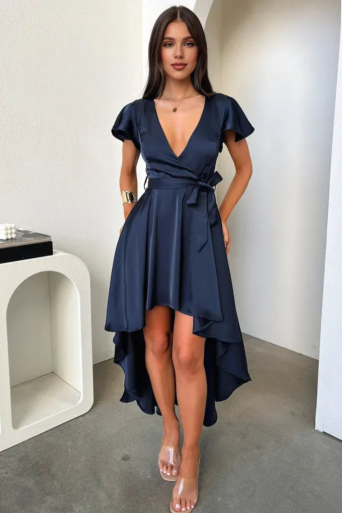Sophisticated Graceful Stylish Refined Elegant Navy Blue Satin A-Line Ruffle Prom Dress