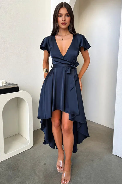 Sophisticated Graceful Stylish Refined Elegant Navy Blue Satin A-Line Ruffle Prom Dress