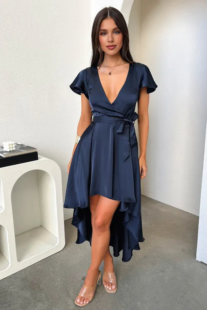 Sophisticated Graceful Stylish Refined Elegant Navy Blue Satin A-Line Ruffle Prom Dress