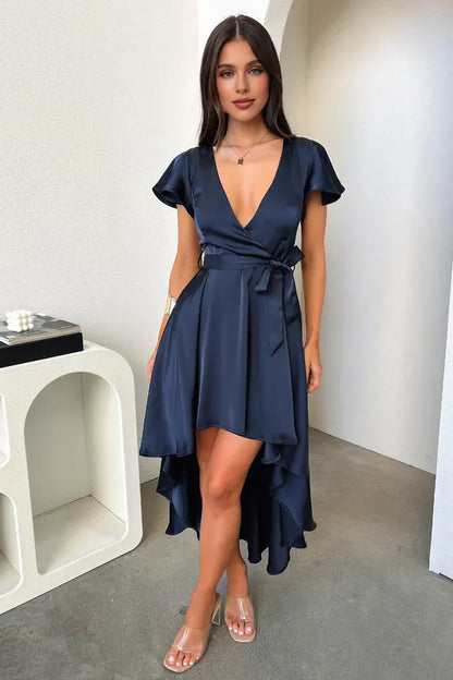 Sophisticated Graceful Stylish Refined Elegant Navy Blue Satin A-Line Ruffle Prom Dress