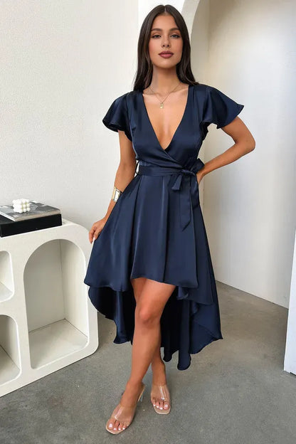 Sophisticated Graceful Stylish Refined Elegant Navy Blue Satin A-Line Ruffle Prom Dress