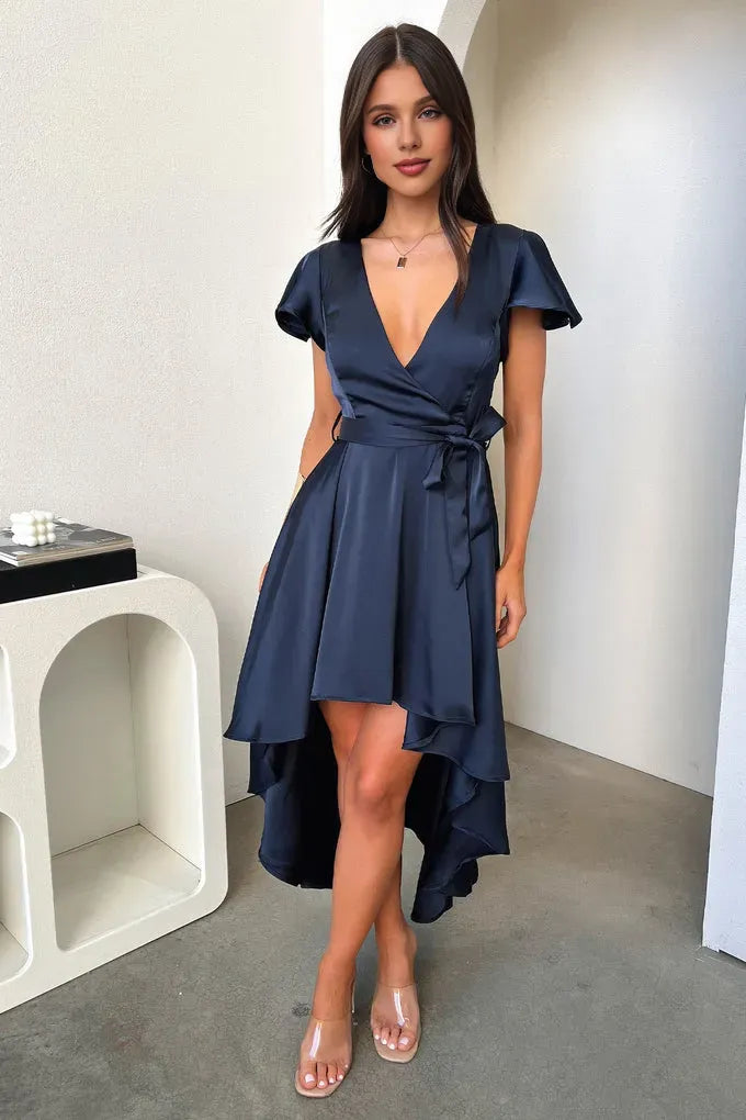 Sophisticated Graceful Stylish Refined Elegant Navy Blue Satin A-Line Ruffle Prom Dress