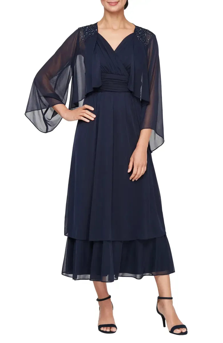 Timeless Elegant Navy Blue Chiffon A-Line Tea-Length Mother of the Bride Dress