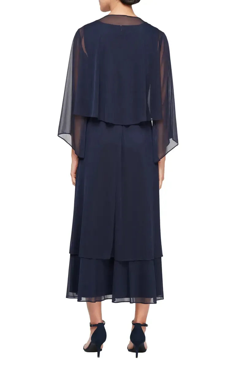 Timeless Elegant Navy Blue Chiffon A-Line Tea-Length Mother of the Bride Dress