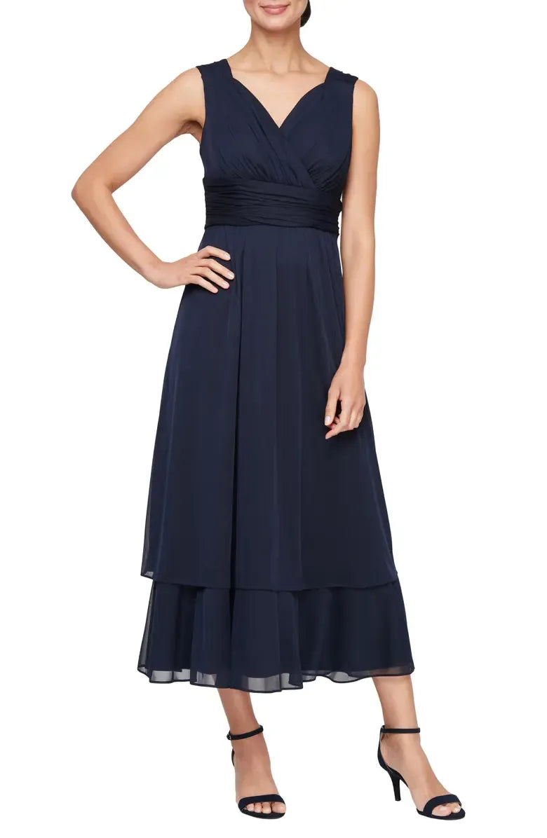 Timeless Elegant Navy Blue Chiffon A-Line Tea-Length Mother of the Bride Dress