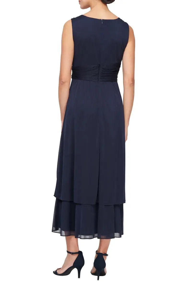 Timeless Elegant Navy Blue Chiffon A-Line Tea-Length Mother of the Bride Dress