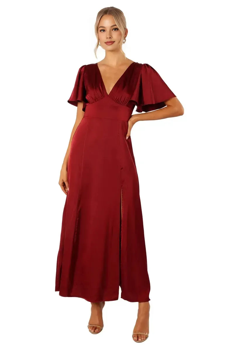 Beautiful Timeless Special Occasion Sophisticated Elegant Burgundy Satin A-Line Floor-Length Prom Dress