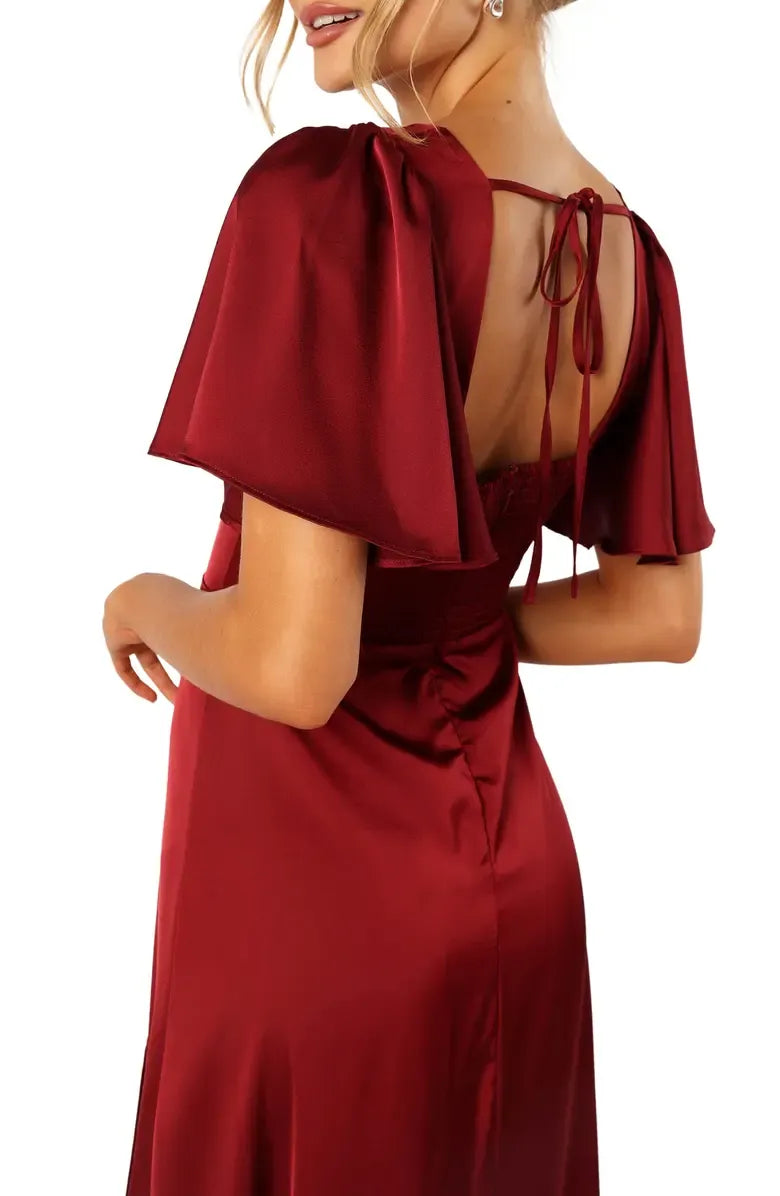 Beautiful Timeless Special Occasion Sophisticated Elegant Burgundy Satin A-Line Floor-Length Prom Dress