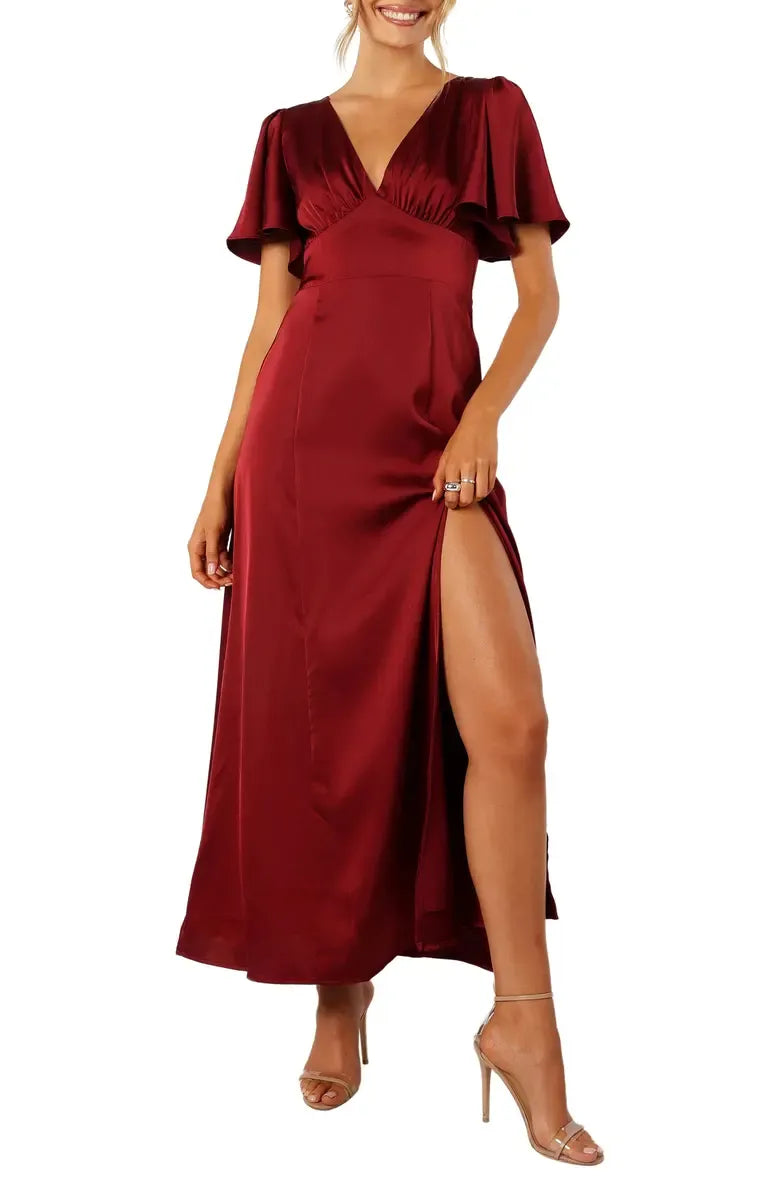 Beautiful Timeless Special Occasion Sophisticated Elegant Burgundy Satin A-Line Floor-Length Prom Dress
