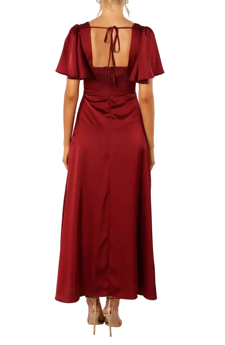 Beautiful Timeless Special Occasion Sophisticated Elegant Burgundy Satin A-Line Floor-Length Prom Dress