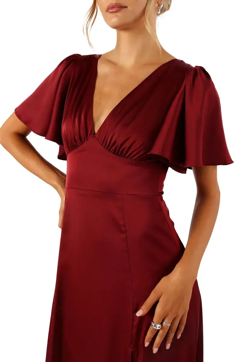 Beautiful Timeless Special Occasion Sophisticated Elegant Burgundy Satin A-Line Floor-Length Prom Dress