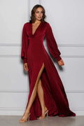 Stylish Refined Beautiful Elegant Burgundy Satin A-Line Long Sleeve Long Prom Dress