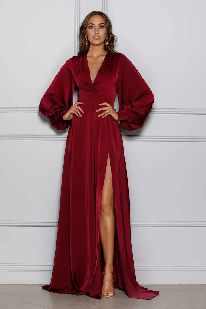 Stylish Refined Beautiful Elegant Burgundy Satin A-Line Long Sleeve Long Prom Dress
