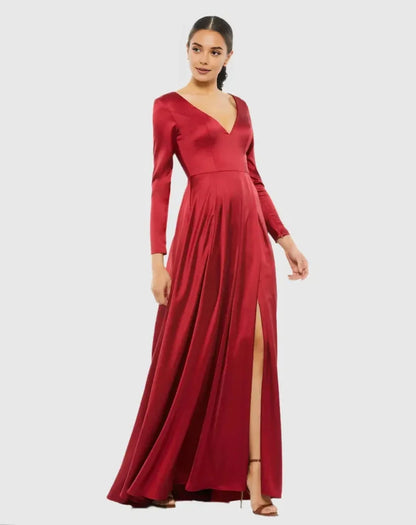 Special Occasion Sophisticated Elegant Burgundy Satin A-Line Long Sleeve Long Prom Dress