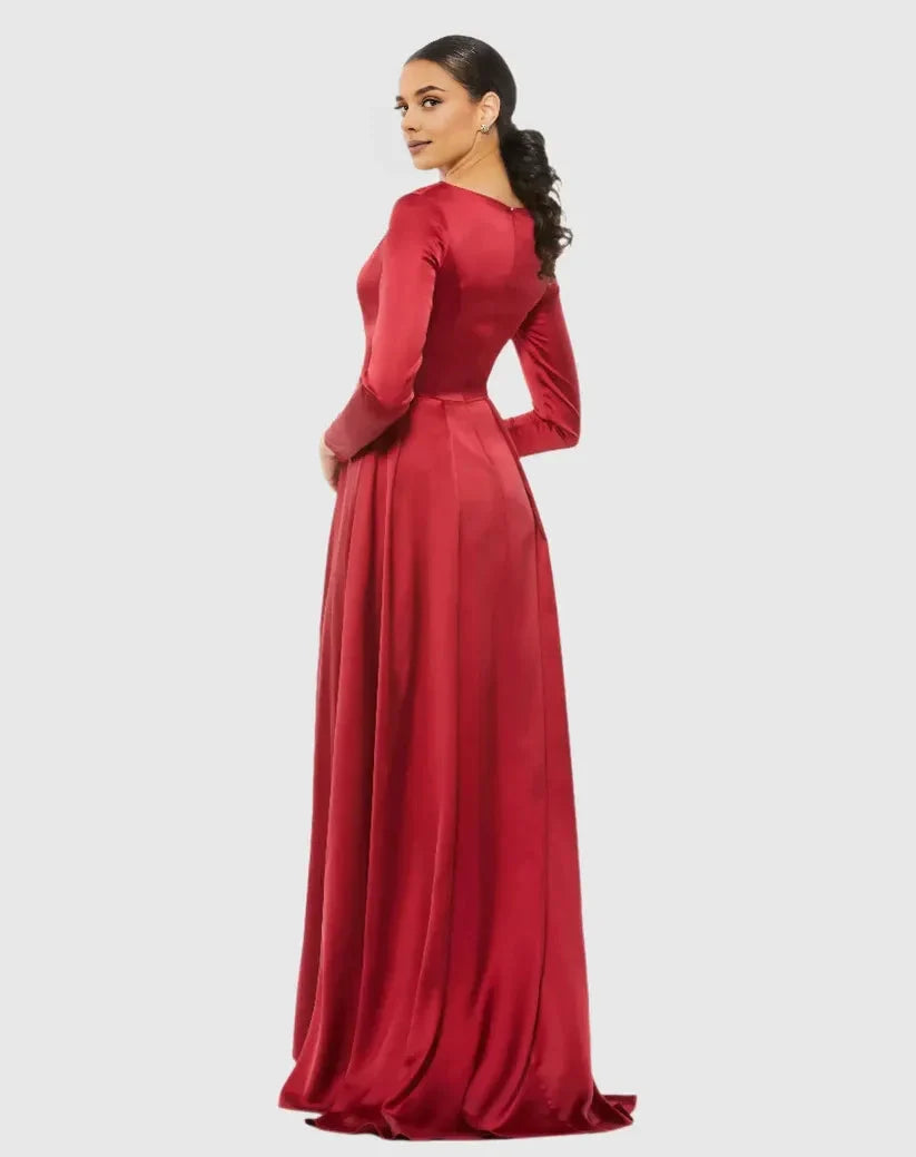 Special Occasion Sophisticated Elegant Burgundy Satin A-Line Long Sleeve Long Prom Dress