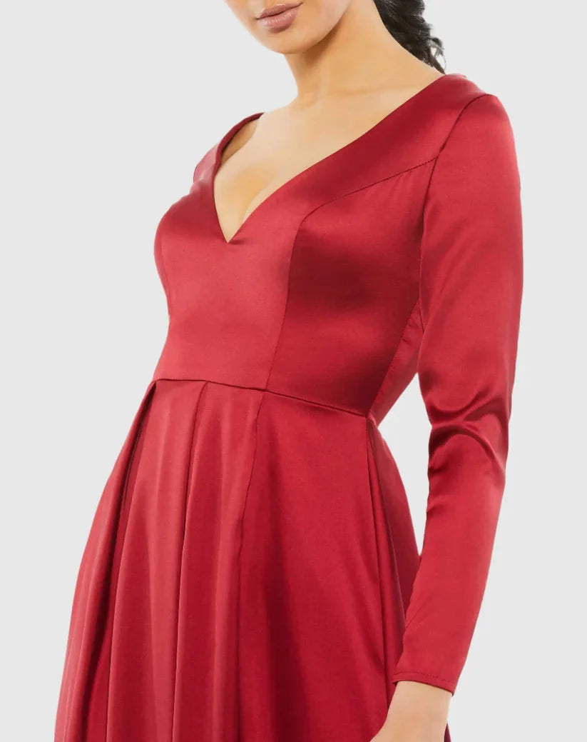 Special Occasion Sophisticated Elegant Burgundy Satin A-Line Long Sleeve Long Prom Dress