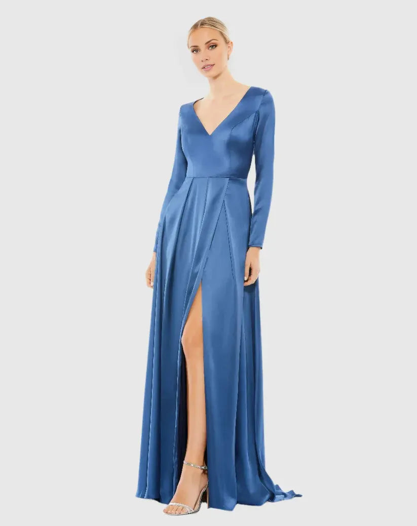 Special Occasion Sophisticated Elegant Burgundy Satin A-Line Long Sleeve Long Prom Dress