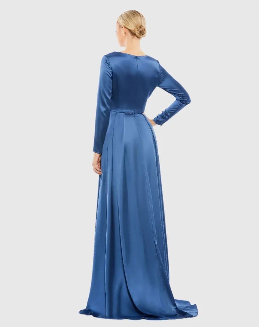 Special Occasion Sophisticated Elegant Burgundy Satin A-Line Long Sleeve Long Prom Dress