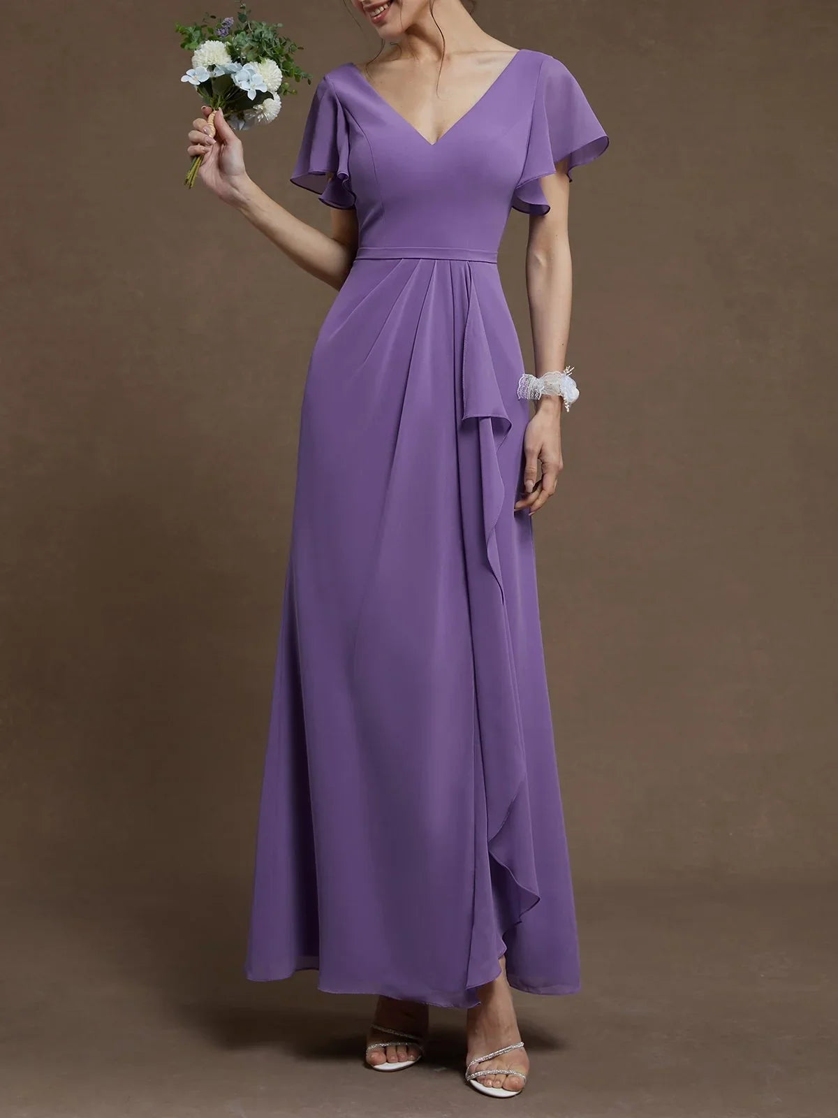 Graceful Stylish Refined Beautiful Elegant Lilac Chiffon A-Line Ruffle Floor-Length Prom Dress